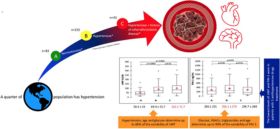 Biomarkers of endothelial dysfunction (vWF), hypofibrinolysis (PAI-1) and metabolic syndrome components in hypertensive patients with and without thrombotic complications