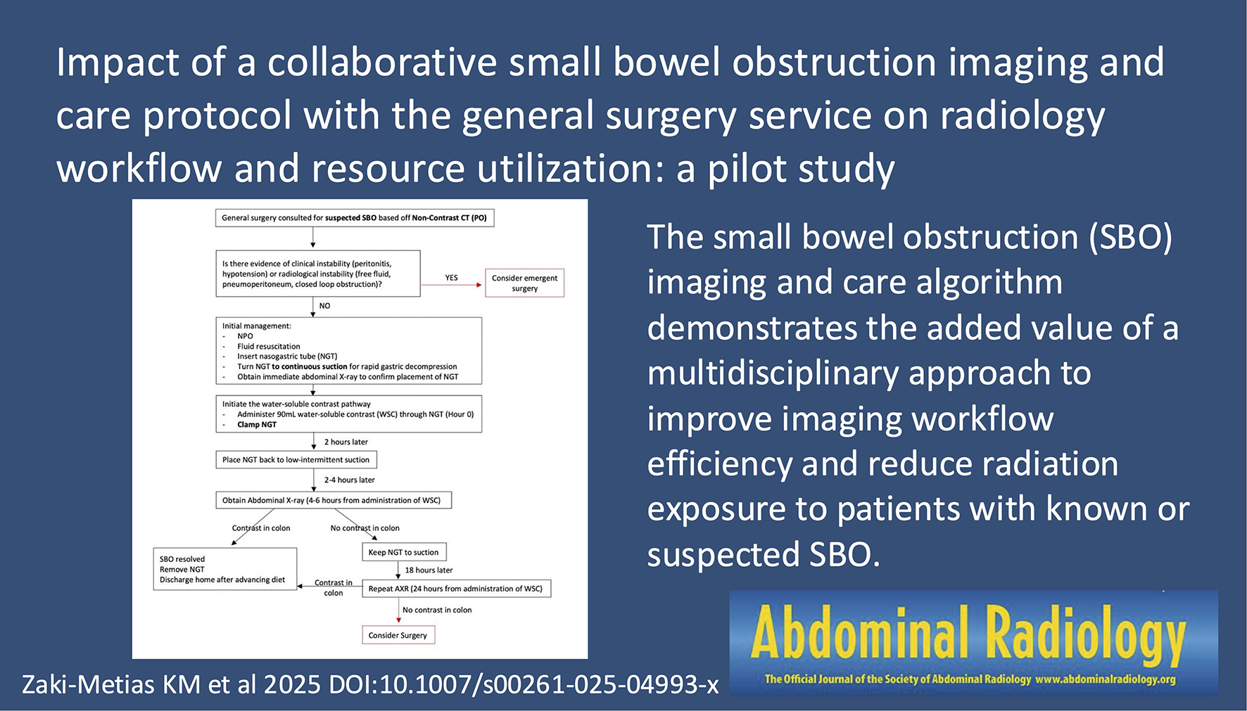 Impact of a collaborative small bowel obstruction imaging and care protocol with the general surgery service on radiology workflow and resource utilization: a pilot study
