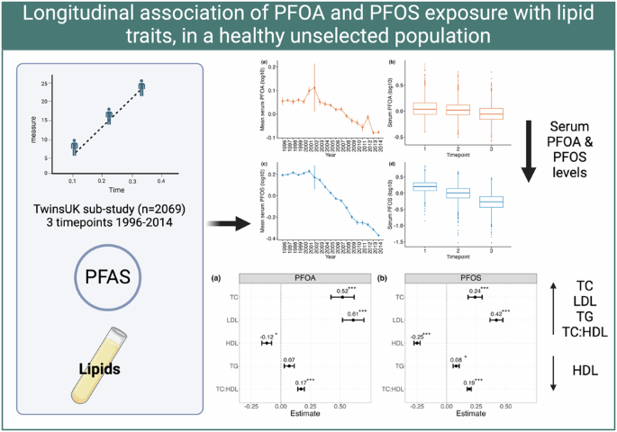 Longitudinal association of perfluorooctanoic acid (PFOA) and perfluorooctanesulfonic acid (PFOS) exposure with lipid traits, in a healthy unselected population