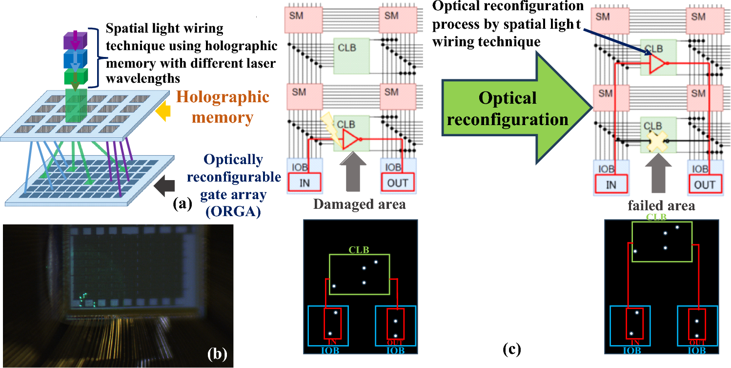 Holographic memory formed by three laser sources with different wavelengths for application to optical reconfiguration