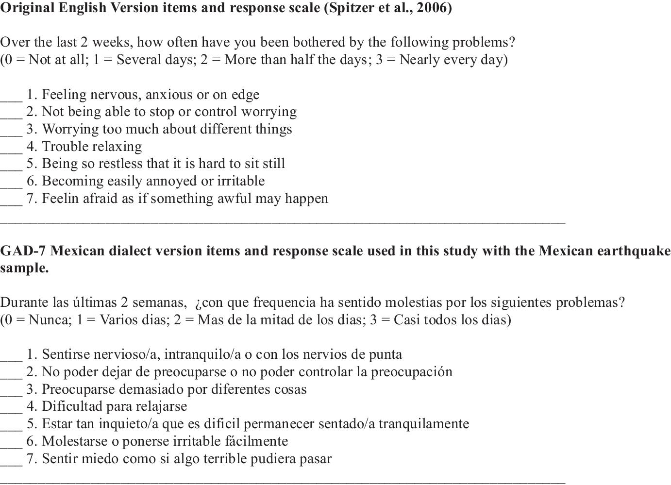 Psychometric Analysis of Scores on a Mexican Dialect Spanish Adapted Version of the GAD-7 with Mexican Earthquake Survivors