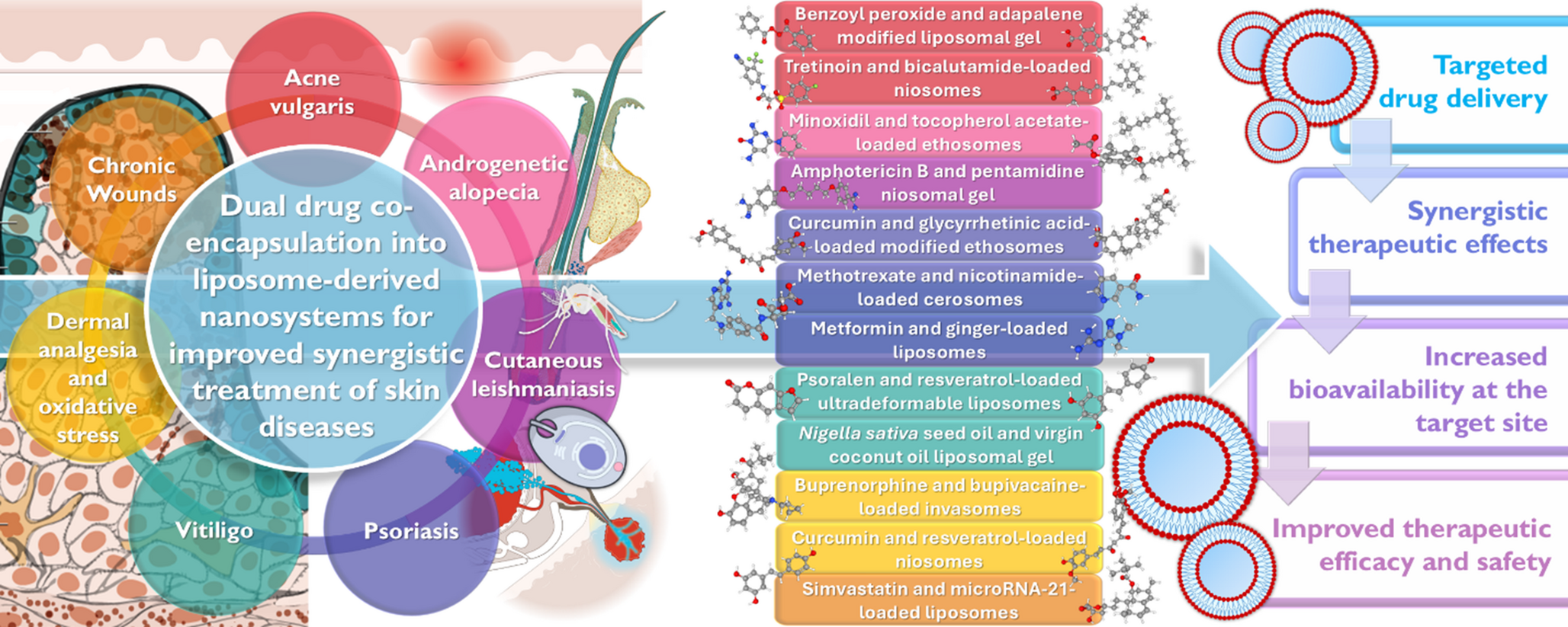 Dual drug co-encapsulation into liposomes and liposome-derived nanosystems for improved synergistic treatment of skin diseases