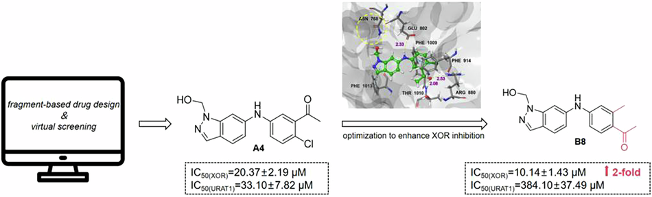 New structural scaffold discovery via fragment-based drug design: Hydroxymethyl indazole derivatives as XOR/URAT1 dual inhibitors
