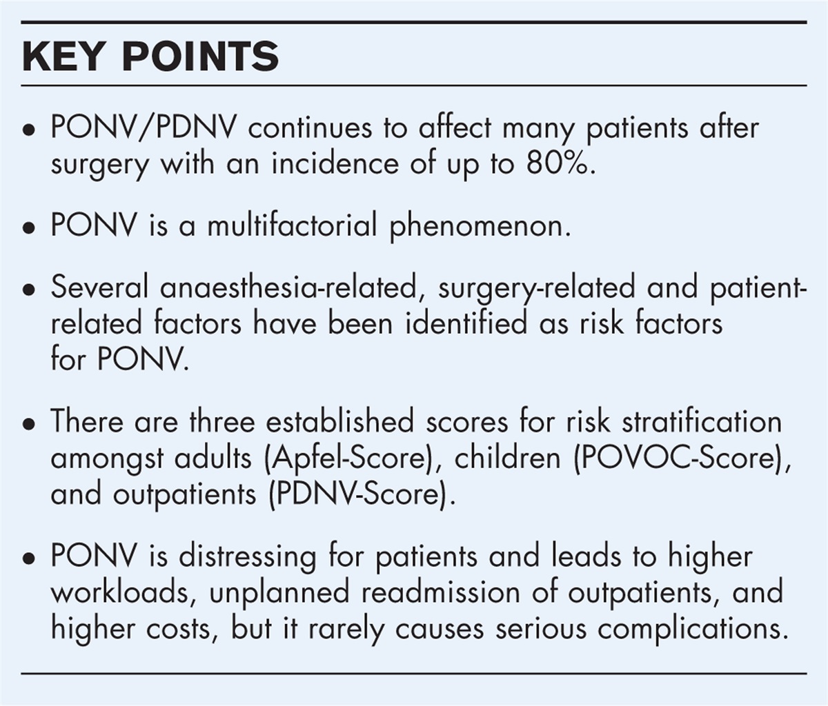 Postoperative nausea and vomiting: risk factors, prediction tools, and algorithms