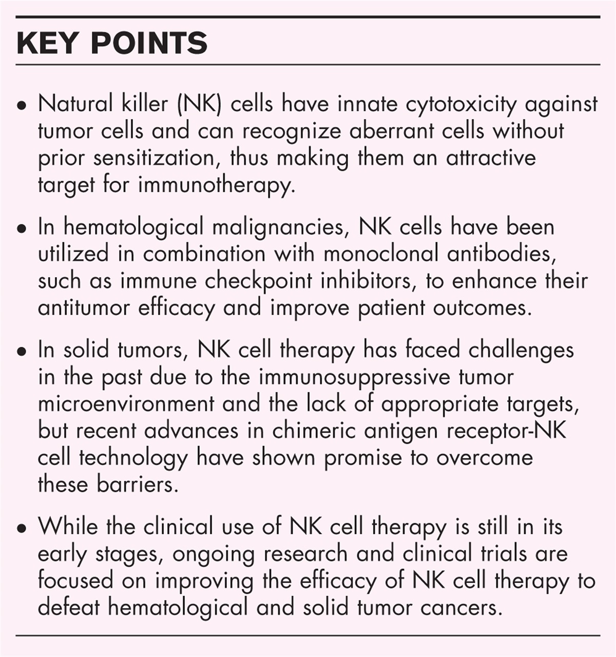 Application of natural killer immunotherapy in blood cancers and solid tumors
