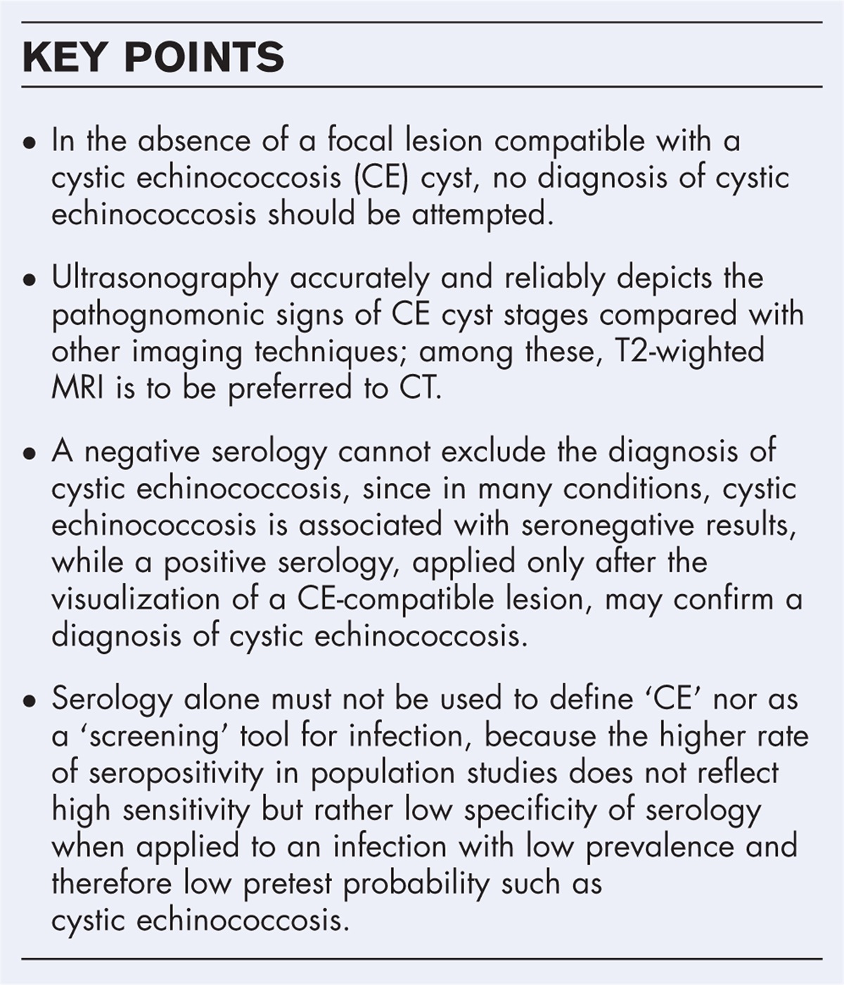 ‘No cyst, no echinococcosis’: a scoping review update on the diagnosis of cystic echinococcosis after the issue of the WHO-IWGE Expert Consensus and current perspectives