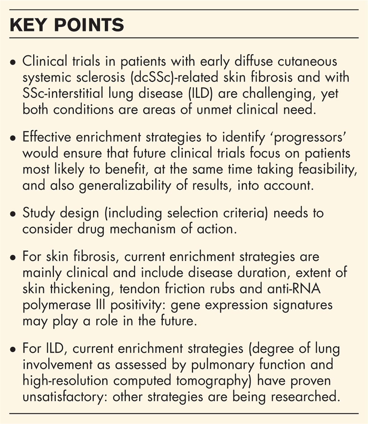 Enrichment strategies for clinical trials targeting skin fibrosis and interstitial lung disease in systemic sclerosis